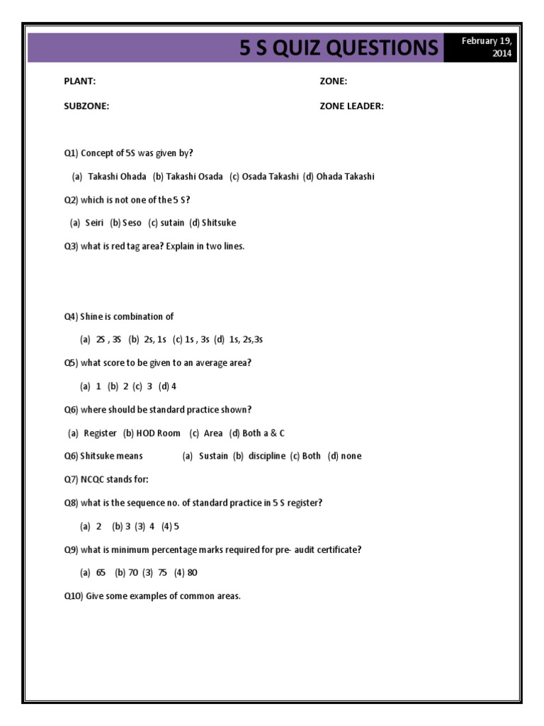 5S Quiz Questions and Answers | PDF