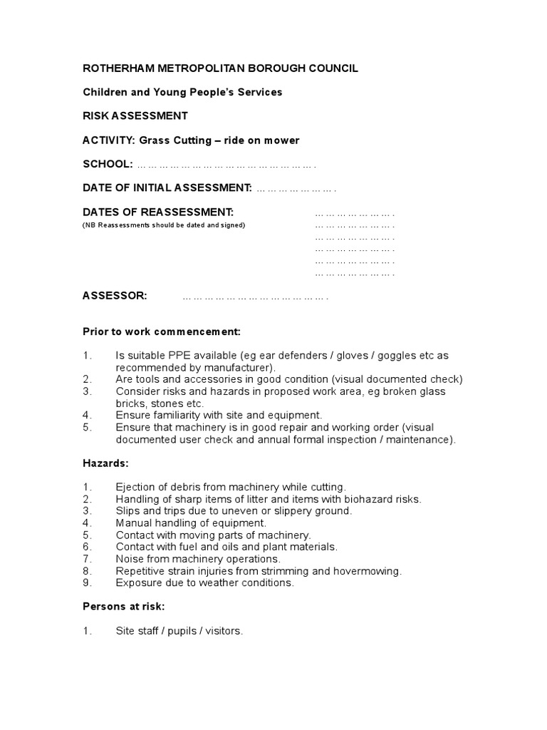 Grass Cutting Risk Assessment Personal Protective Equipment Safety