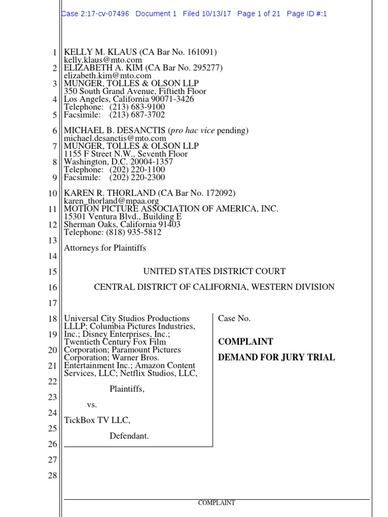Universal V TickBox | PDF | Copyright Infringement | Injunction