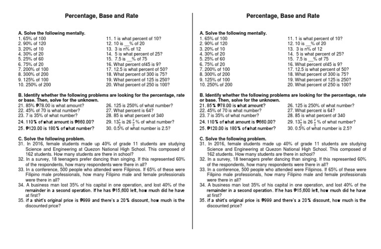 percentage base rate worksheet business math pdf percentage