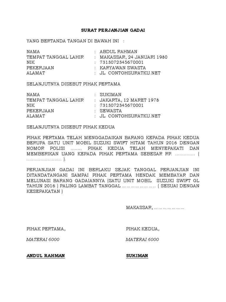 Contoh Surat Gadai Tanah Doc Contoh Surat