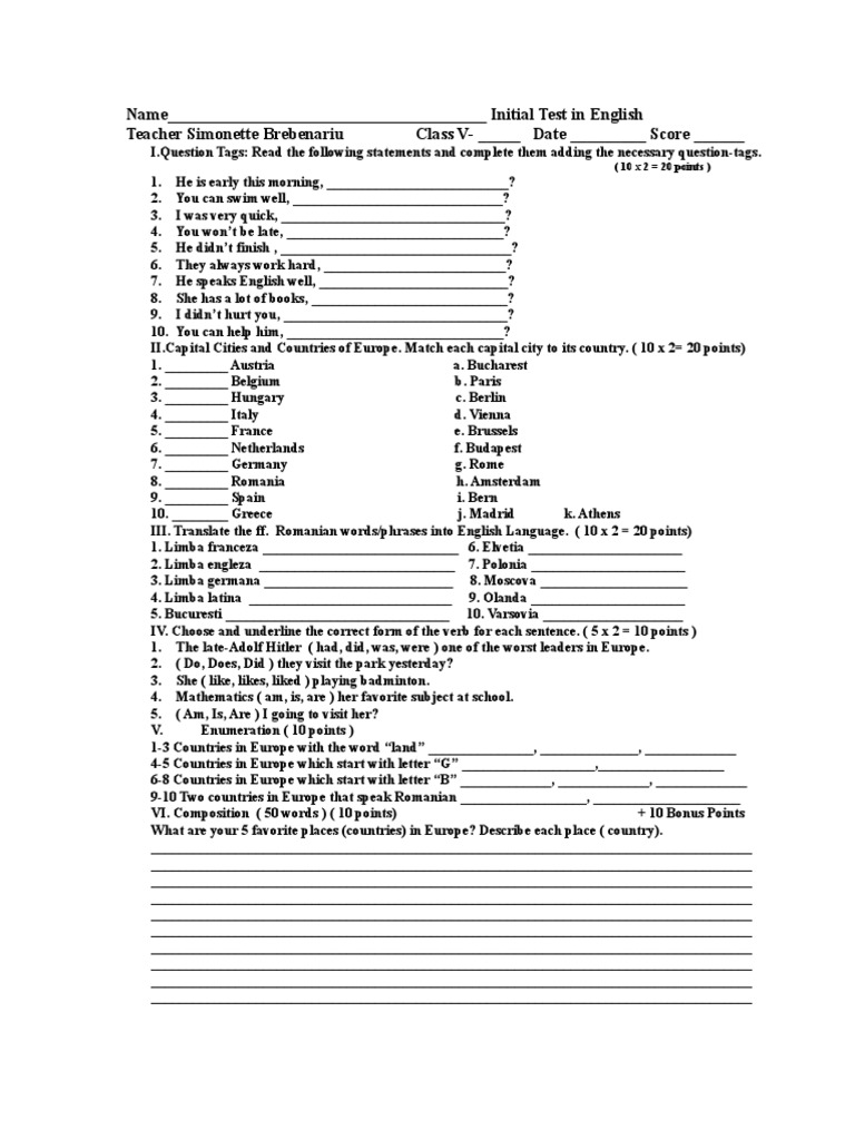 English Test: Question Tags & Geography | PDF | Europe Travel