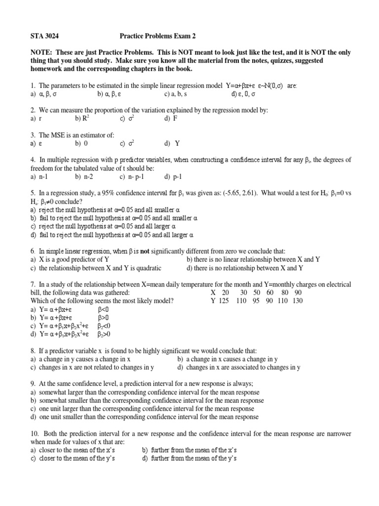 Practice Problems Exam 2: Multiple Choice Questions Covering Key ...