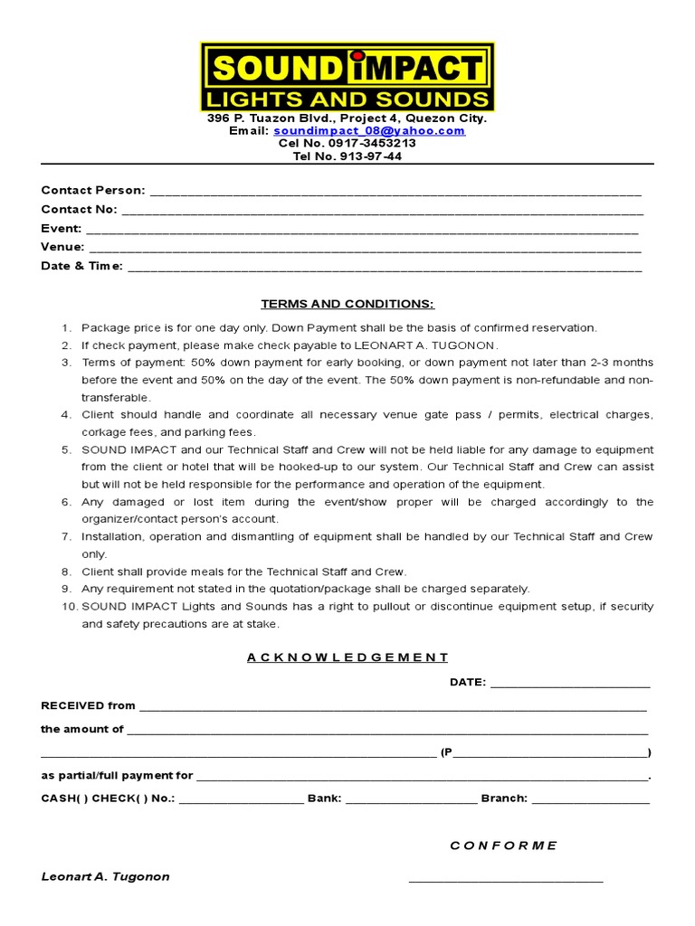 SOUND IMPACT Lights and Sounds (Revised Contract For Wedding at
