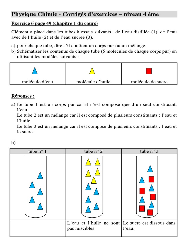 Atomes Et Molécules 4ème Exercices En Ligne 4eme - Chimie - Corrige Exercices Chap 1 2 3 PDF | PDF | Oxygène | Molécule  d'eau
