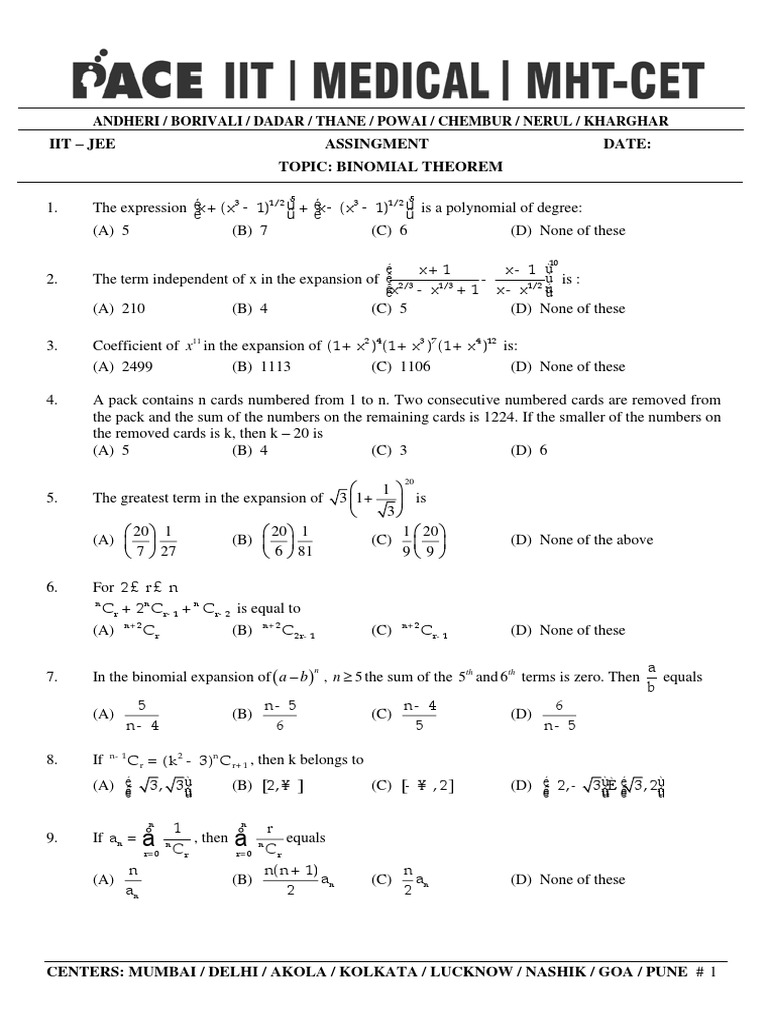 Binomial Theorem Assignment Questions | PDF | Abstract Algebra | Algebra