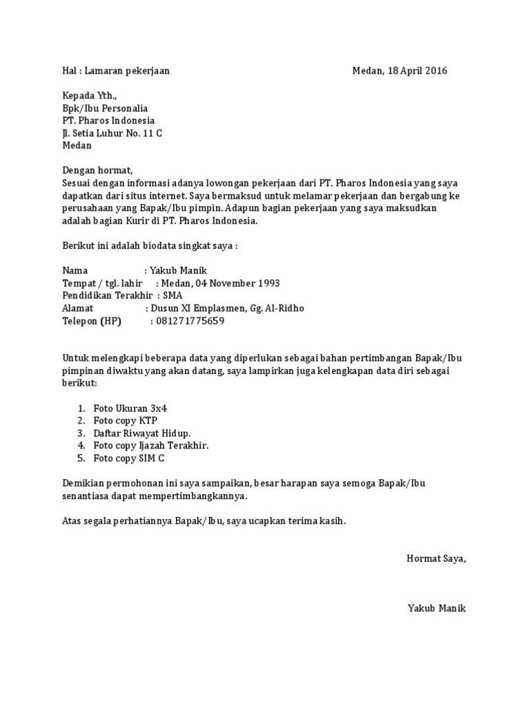 Contoh Surat Lamaran Kerja Pt Pharos - Berbagi Contoh Surat