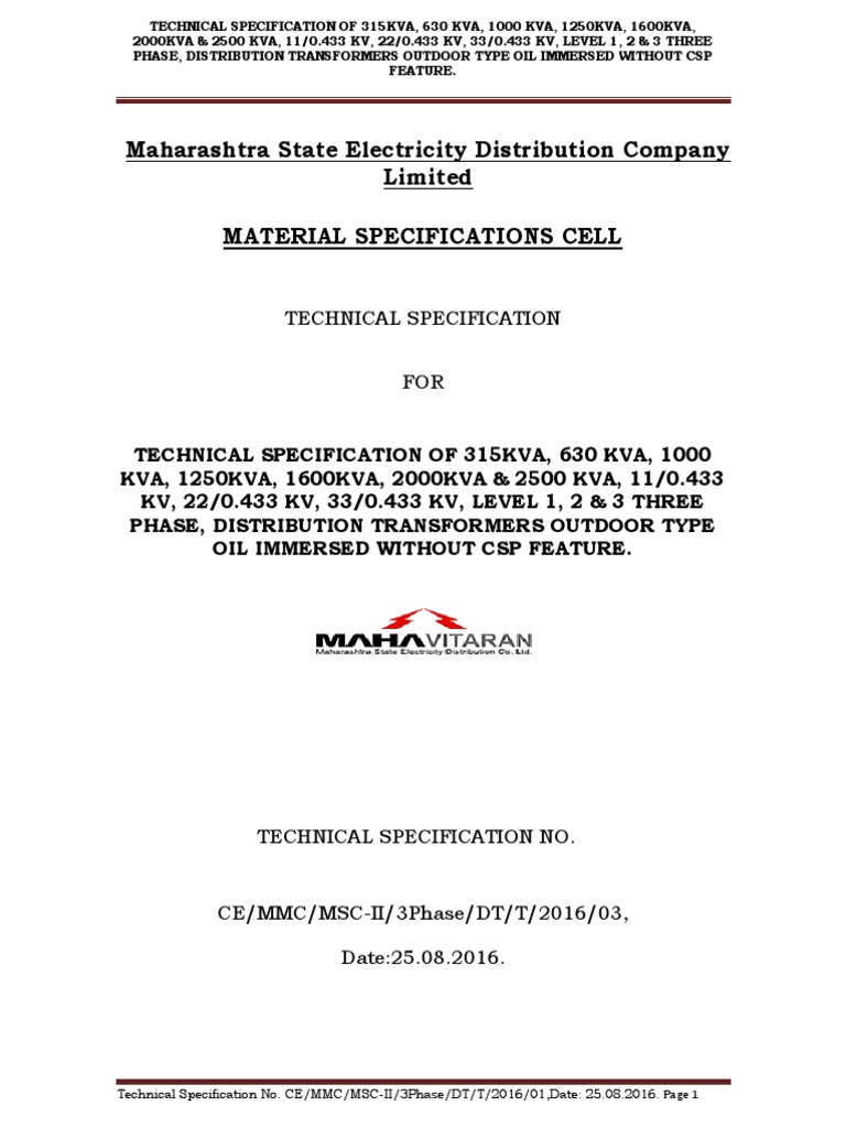 Technical Specification of 315-2500 KVA Distribution Transformer | PDF ...