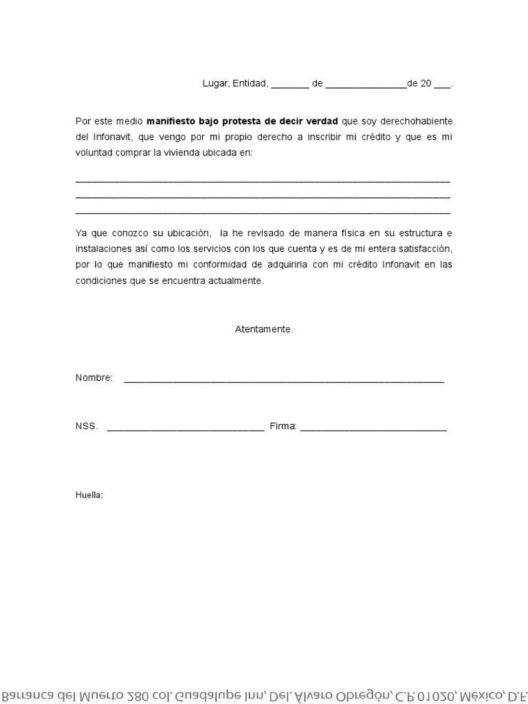 Carta Manifiesto de Conocimiento Del Inmueble Por El Comprador