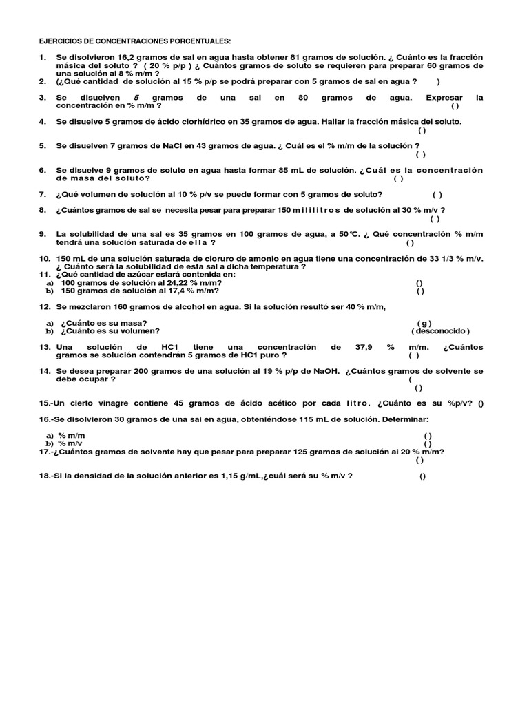 Ejercicios de Concentraciones Porcentuales | Concentración | Solvente