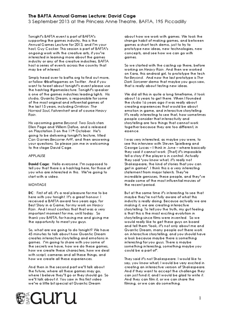 David Cage Bafta Lecture 2006 PDF Leisure