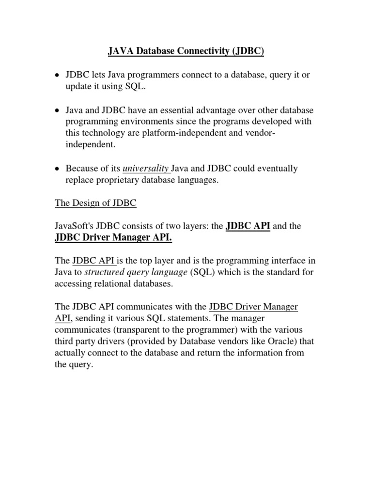 JAVA Database Connectivity (JDBC) | PDF | Sql | Data Management Software