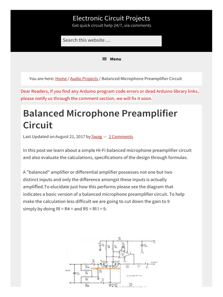 Balanced Microphone Preamplifier Circuit | PDF | Amplifier | Microphone
