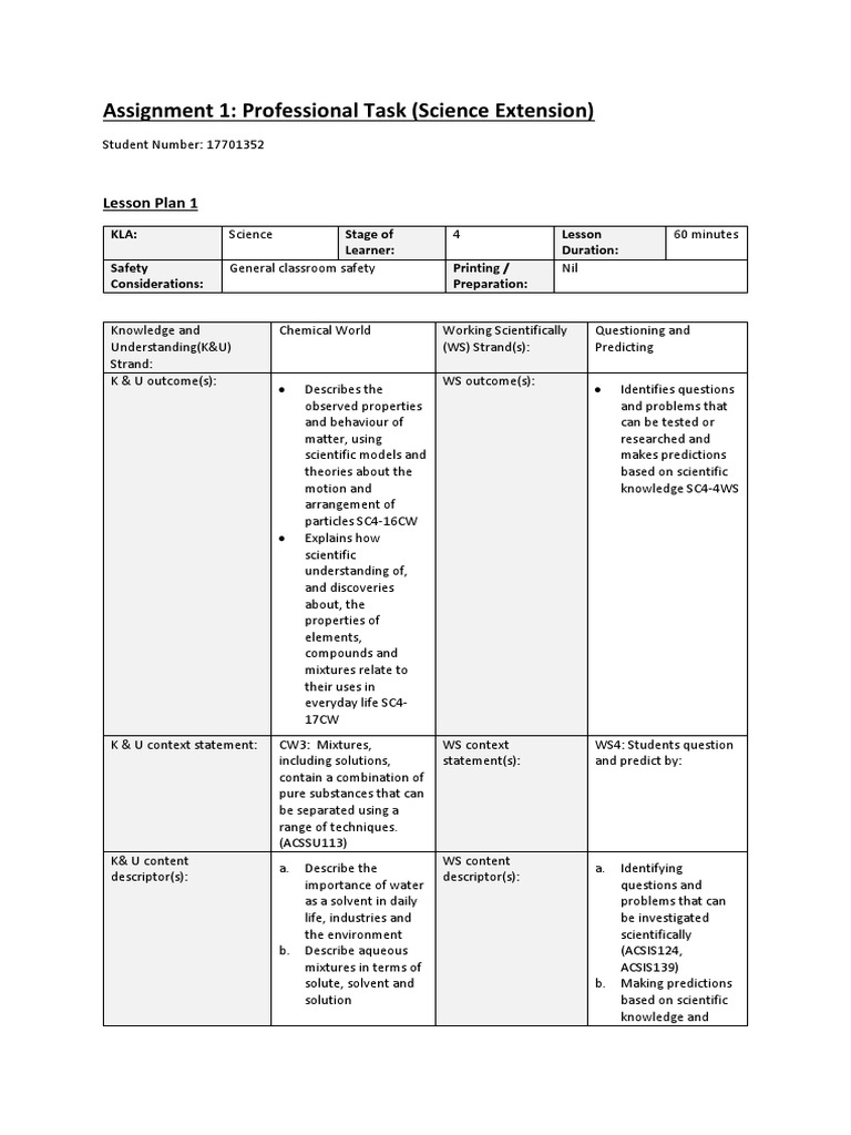 Assignment 1: Professional Task (Science Extension) : Lesson Plan 1 ...
