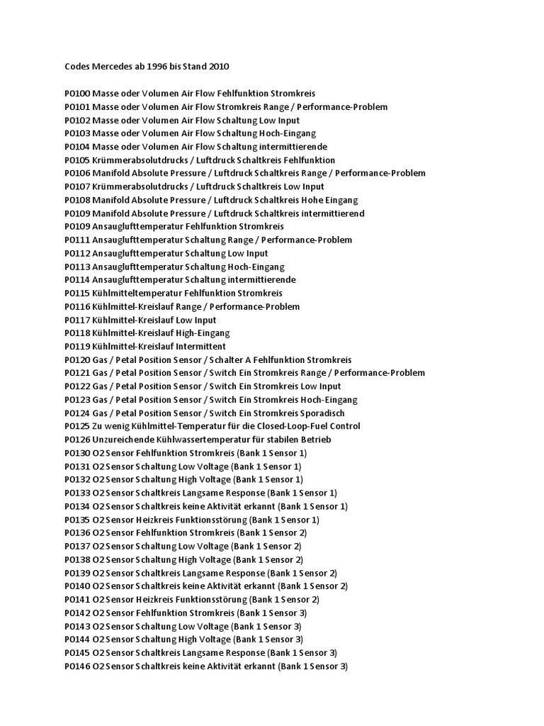 Fehlercodes Mercedes Ab 1996 Bis Stand 2010