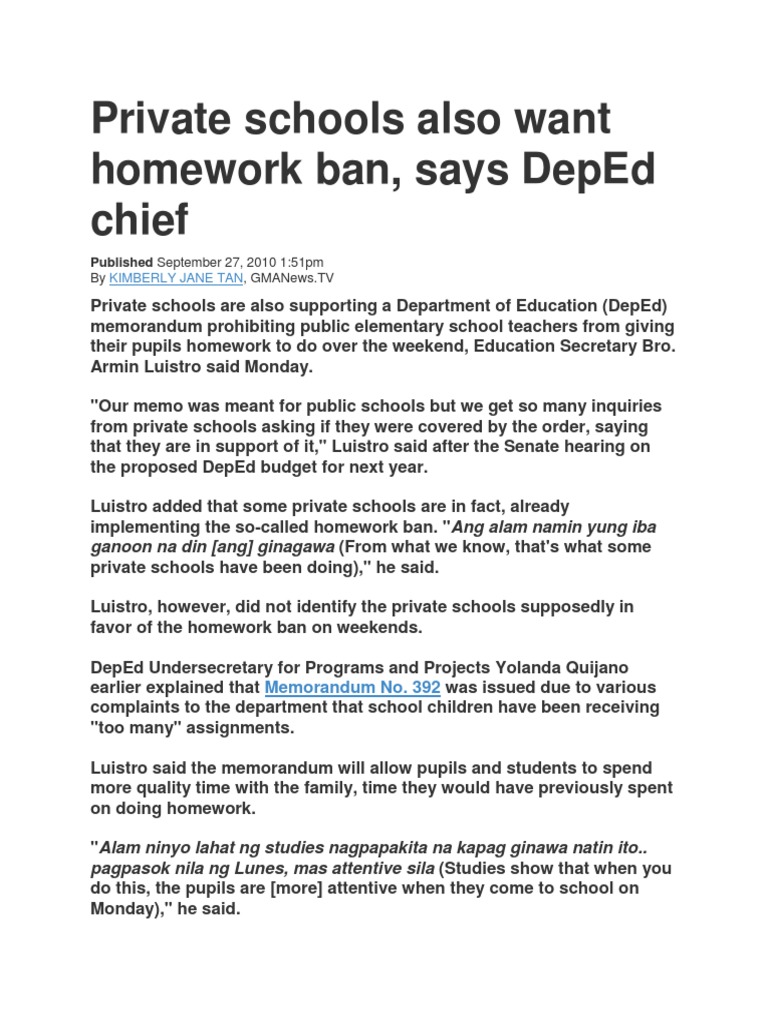Private Schools Support Homework Ban | PDF | Homework | Teaching And ...