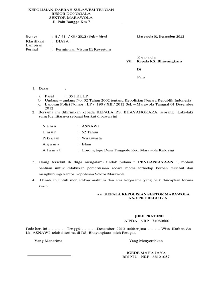 Contoh Surat Visum Penganiayaan