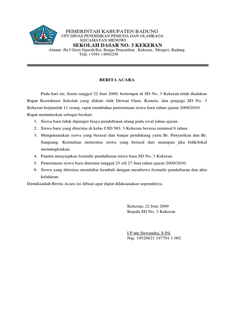 BERITA ACARA Penerimaan Siswa Baru 20092011
