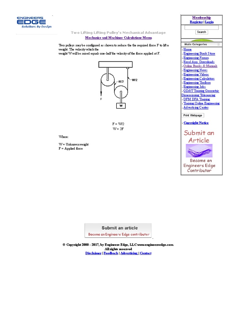 Two Lifting Lifting Pulley's Mechanical Advantage Equation Engineers