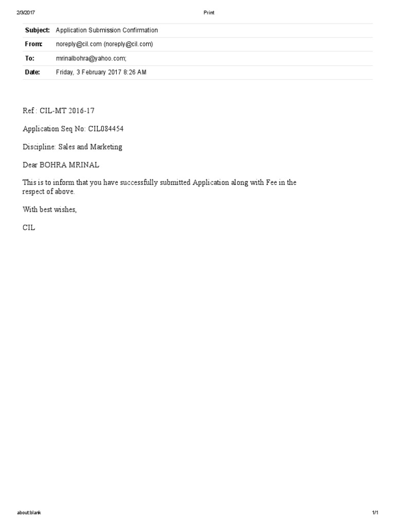 Subject: Application Submission Confirmation From: To: Date: Friday, 3 ...