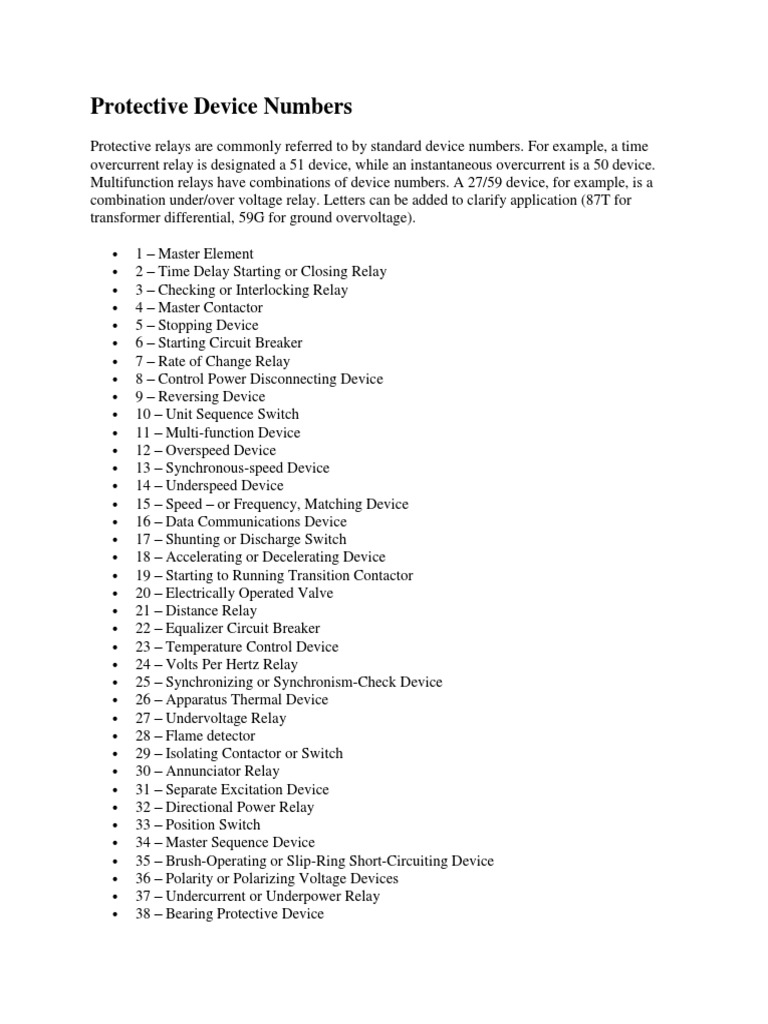 Protective Device Numbers | Relay | Switch