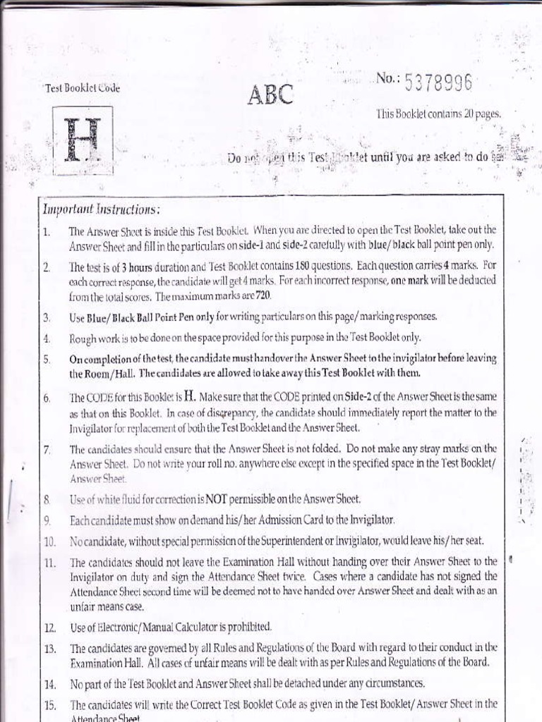 Code H Question Paper PDF