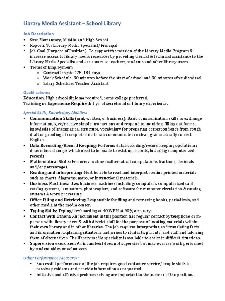 school library media assistant job description Libraries Teachers