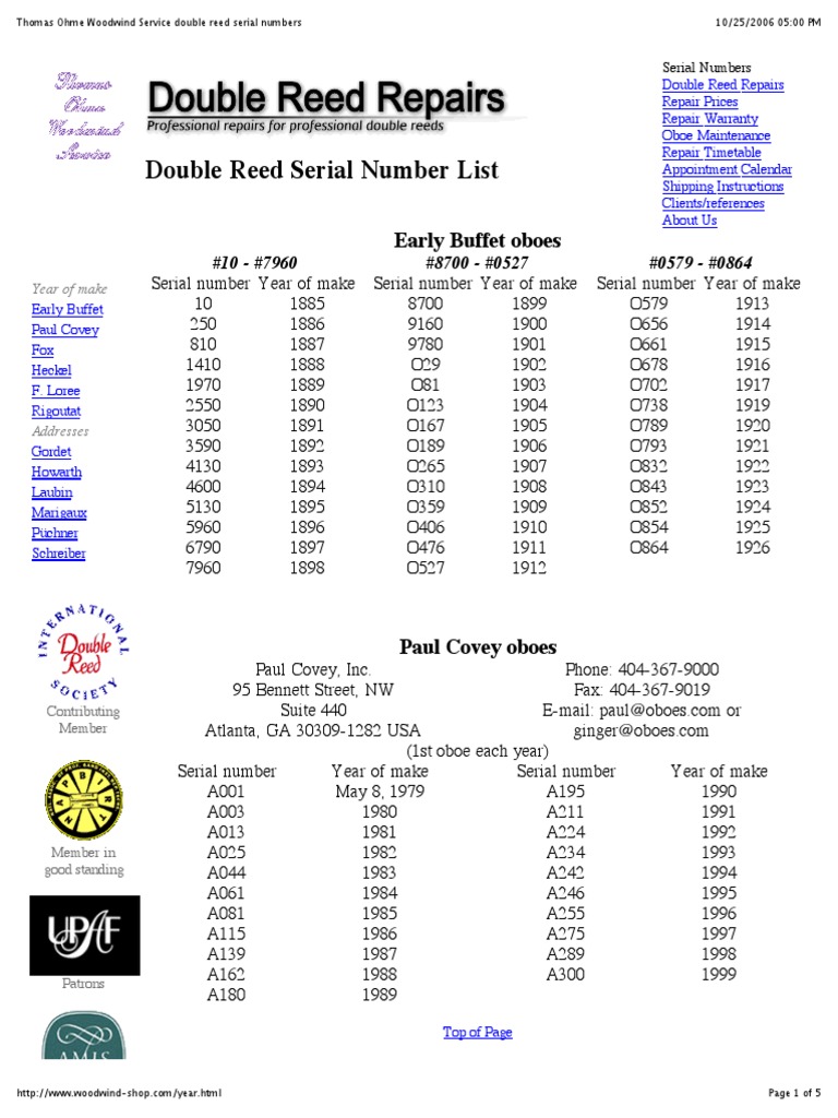 Double Reed Serial Numbers PDF Bassoon Woodwind Instruments