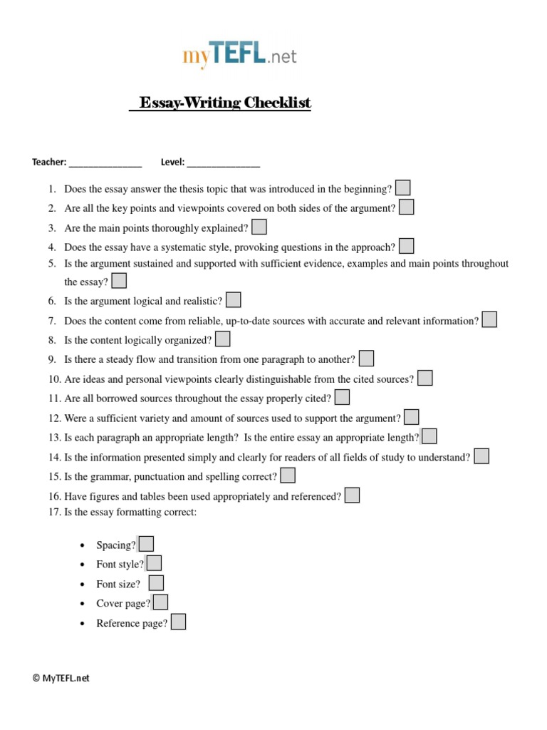 Essay-Writing Checklist: Teacher: - Level | PDF | Language Arts ...