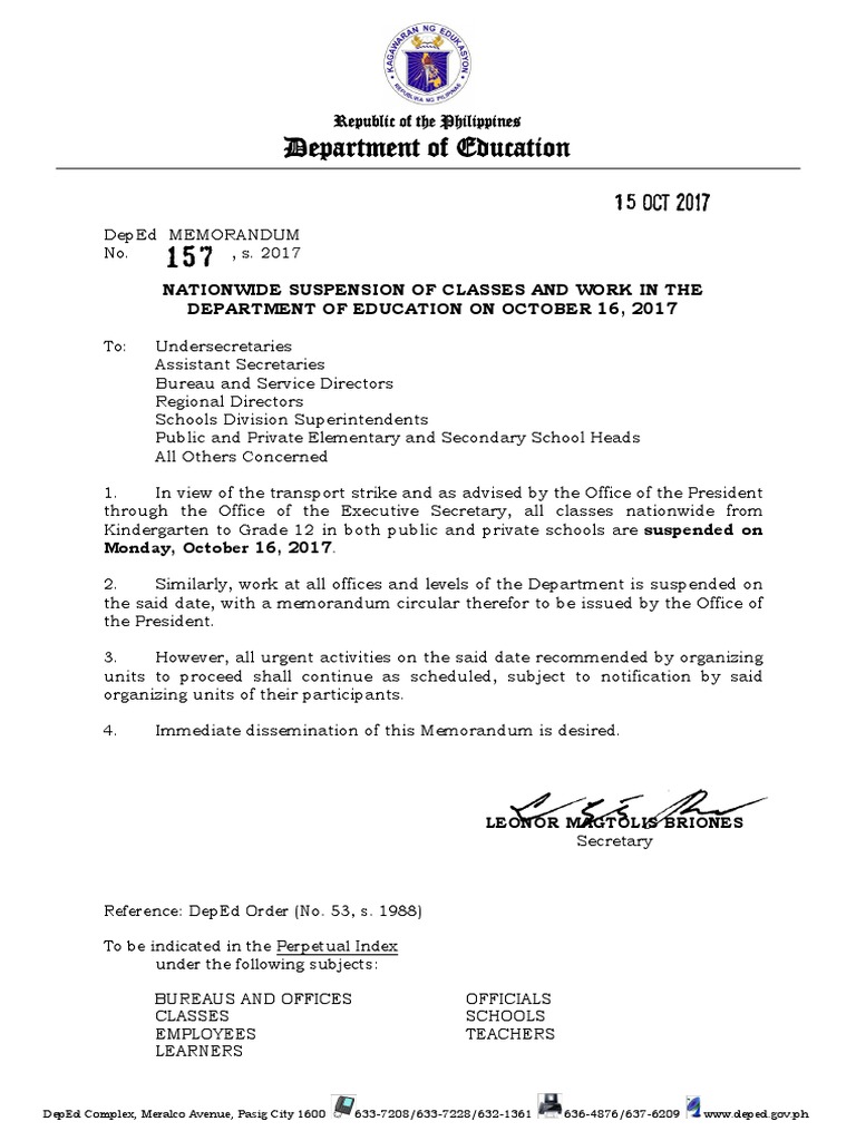 Department of Education Nationwide Suspension of Classes and Work in