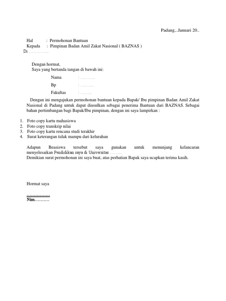 Contoh Surat Permohonan Surat Permohonan Bantuan Zakat