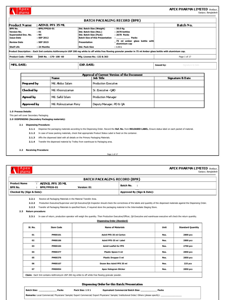 Azinil Pfs 35 Ml Apex Pharma Limited Batch Packaging Record (Bpr