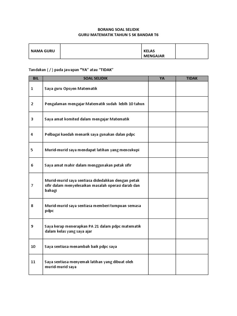 Borang Soal Selidik Guru Pdf