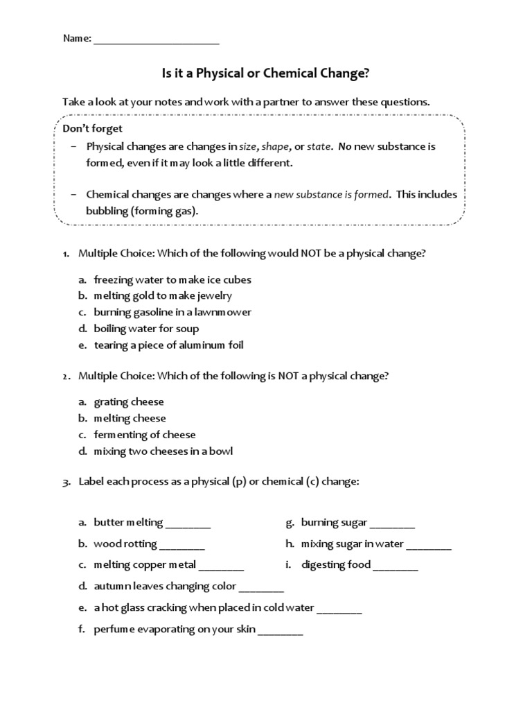 chemical and physical changes chemistry homework worksheets