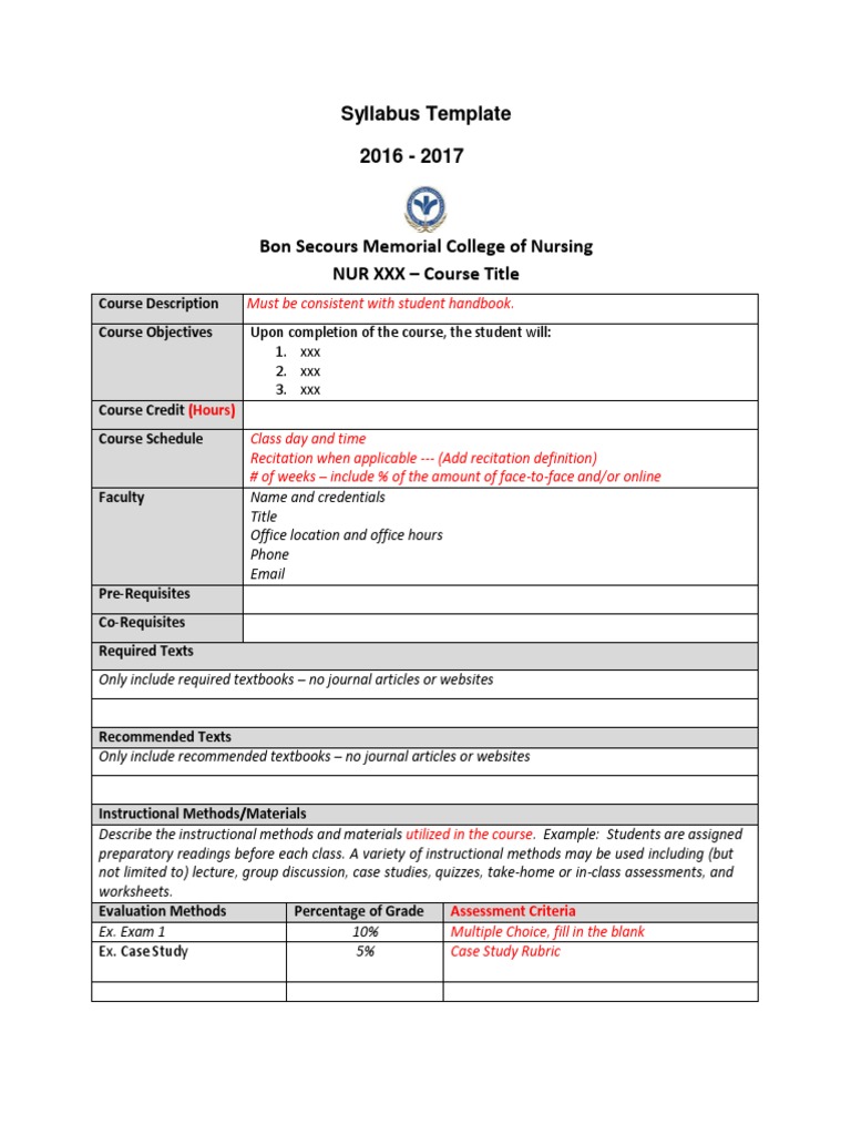Syllabus Template 2016 17 | PDF | Test (Assessment) | Syllabus