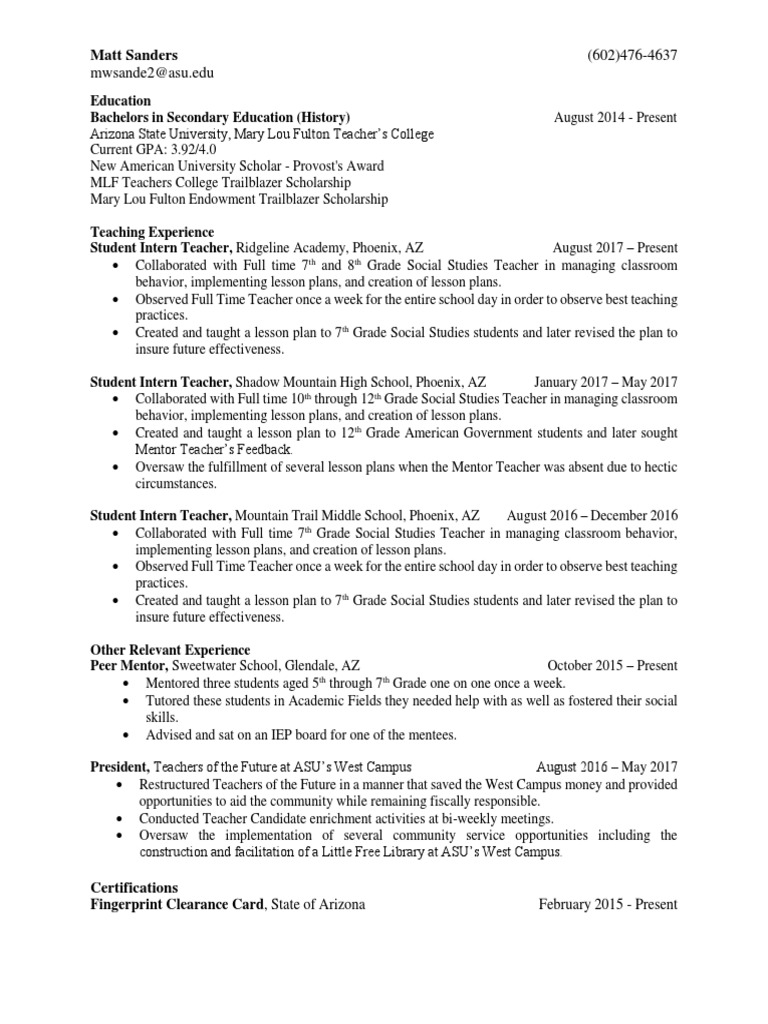 Bang Up Resume PDF Arizona State University Teachers