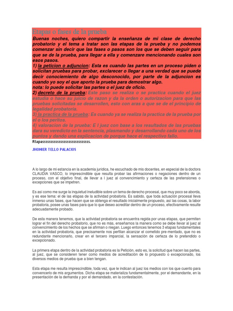Etapas o Fases de La Prueba Scrib | PDF | Evidencia (ley) | Ley procesal