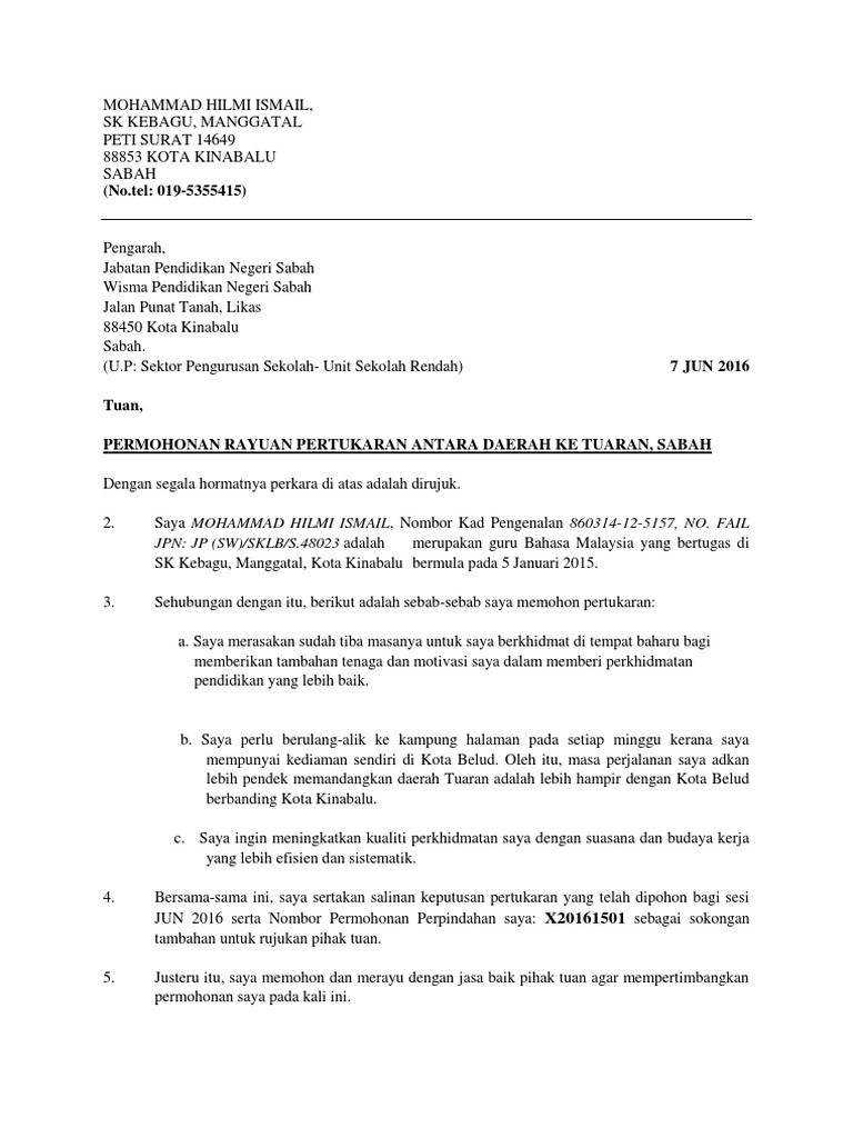 Surat Rayuan Perpindahan Mie Pdf