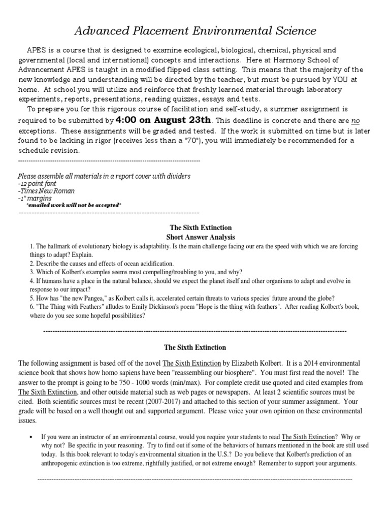 Apes Summer Assignment 2017 Extinction Science