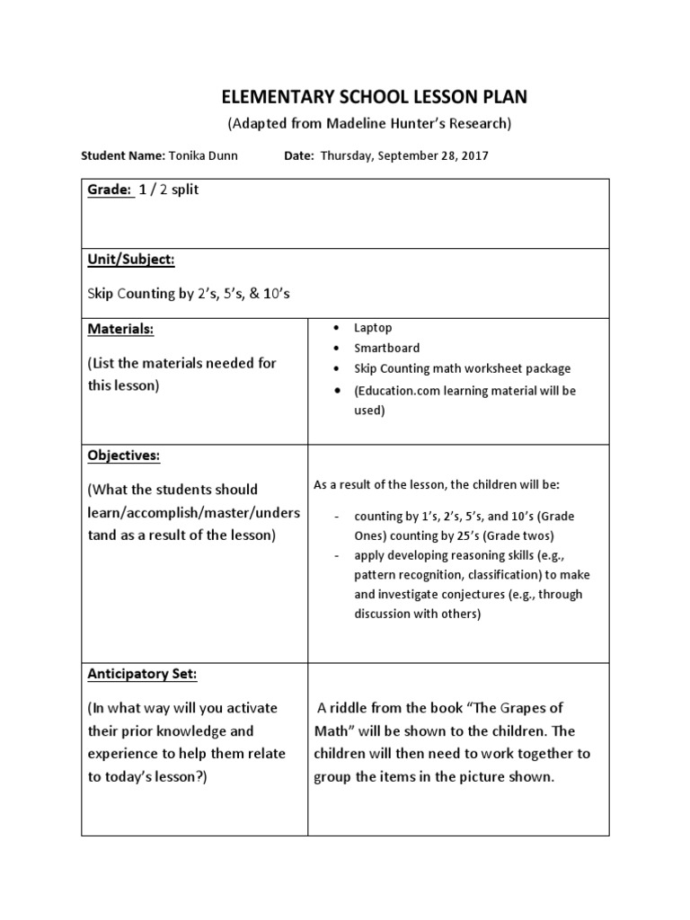 Skip Counting Lesson Plan for Grades 1-2 | PDF | Lesson Plan ...