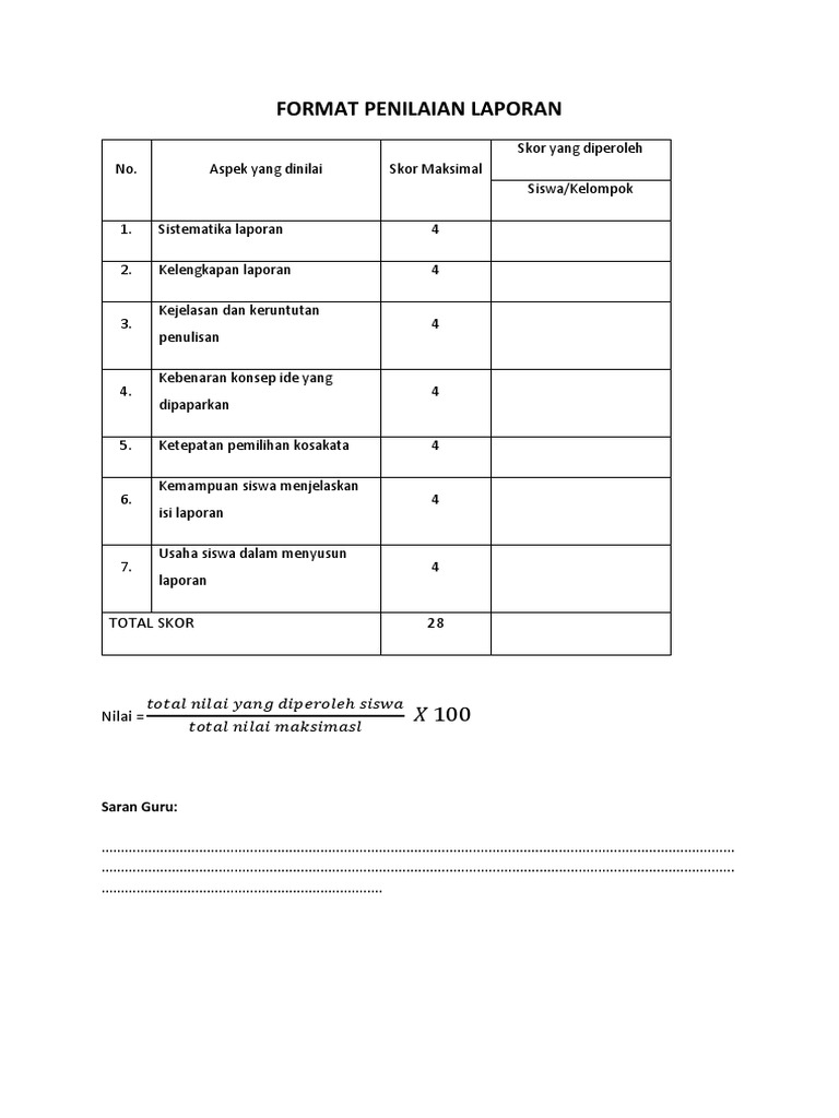 4 3 Format Penilaian Laporan Rubrik Penilaian Pdf