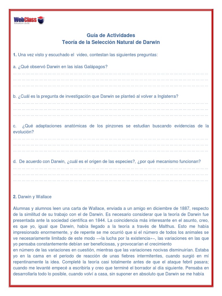 Guiade Actividades Teoria de La Seleccion Natural de Darwin | PDF ...