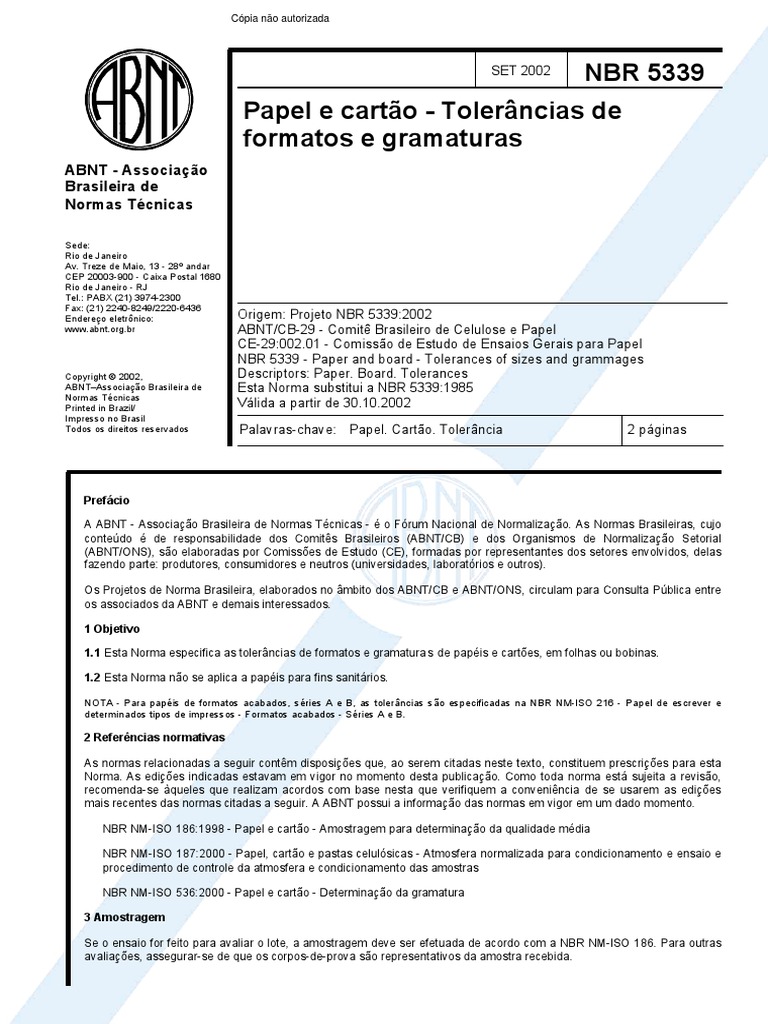 NBR 05339 PB 4 - Papel e Cartao - Tolerancias de Formatos e Gramaturas ...