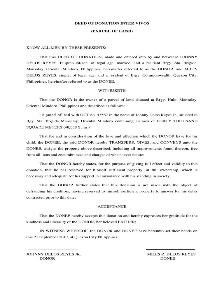 Deed of Donation Inter Vivos PDF Natural Resources Law Property Law