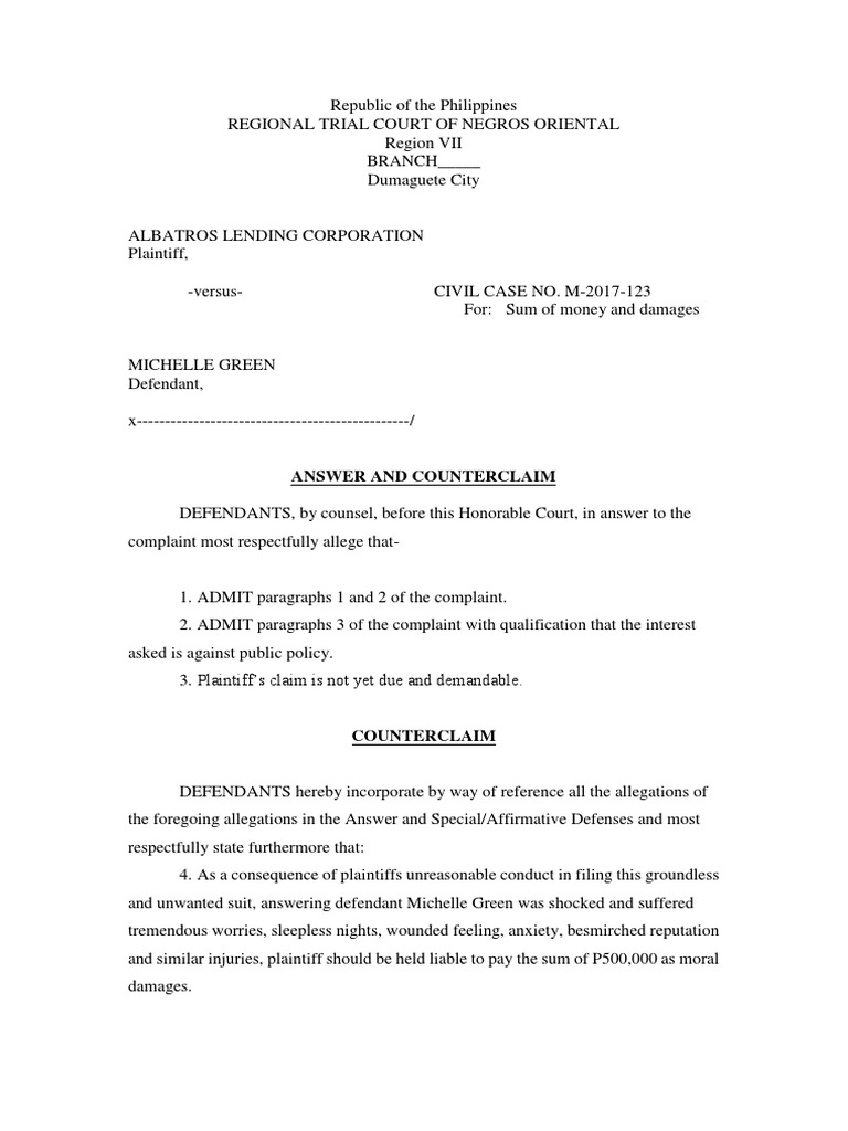 Answer and Couterclaim | PDF | Legal Disputes | Lawsuit