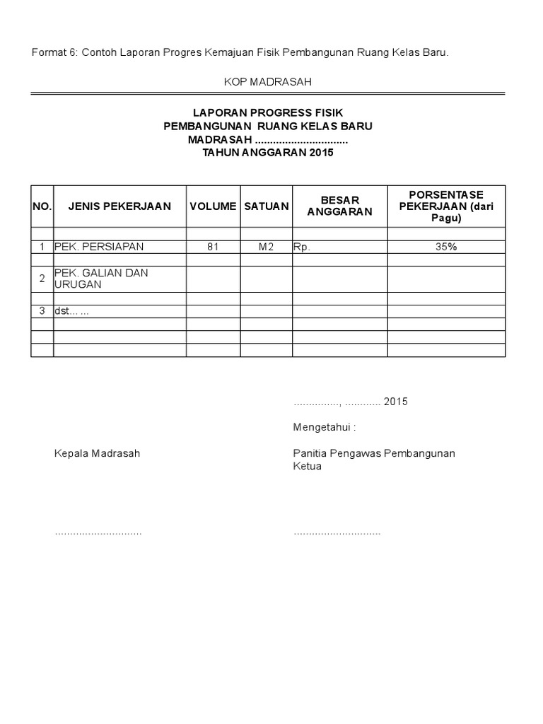 08 Format 6 Laporan Progres Kemajuan Fisik Rehabilitasi Ruang Kelas 1 Xlsx