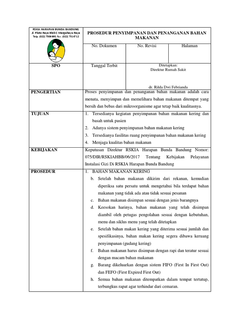 SOP Penyimpanan Dan Penanganan Bahan Makanan | PDF