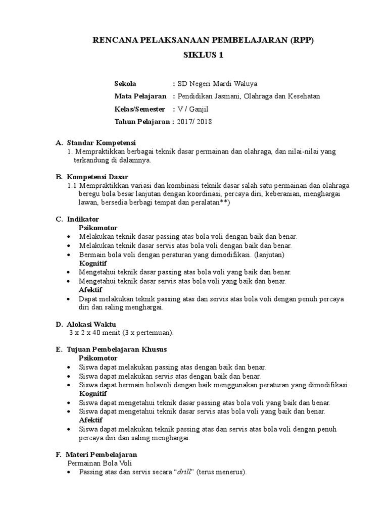 RPP Kelas 5 Bola Voli