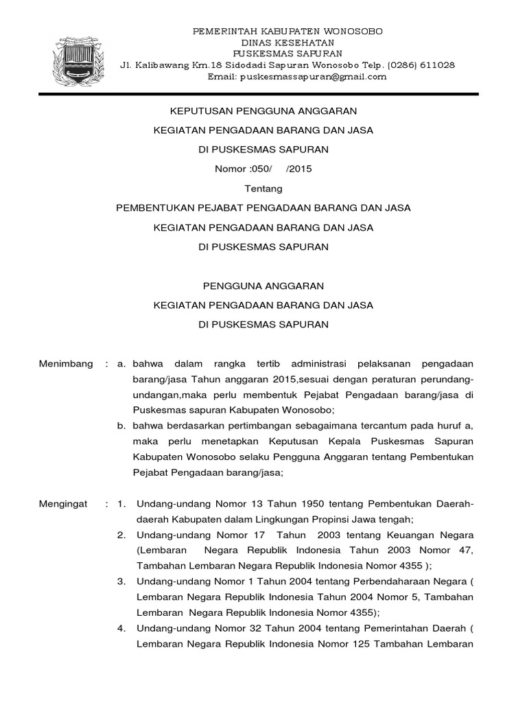 SK Pembentukan Pejabat Pengadaan Barang Dan Jasa | PDF
