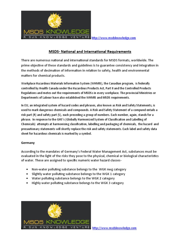 MSDS National and International Requirements PDF Environmental